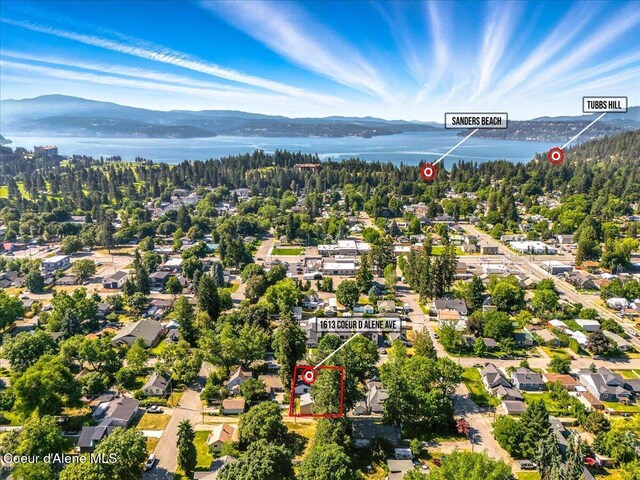 1613 E Coeur D Alene Ave, Coeur Dalene, ID 83814 - aerial overview of property's location with property parcel outlined and a water and mountain view