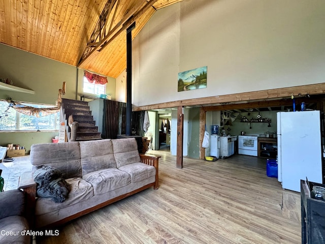 1484 W Elkhorn Meadows Rd, Fernwood, ID 83830 - living area featuring high vaulted ceiling, wood finished floors, stairway, and a wood ceiling with exposed beams