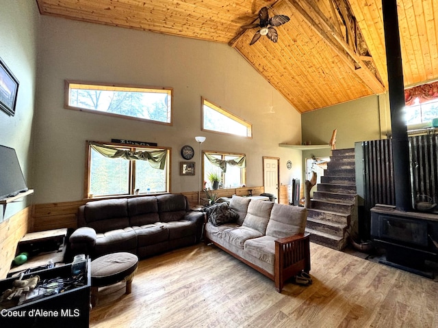 1484 W Elkhorn Meadows Rd, Fernwood, ID 83830 - living room with a wood ceiling with exposed beams, wood finished floors, a ceiling fan, stairs, and high vaulted ceiling