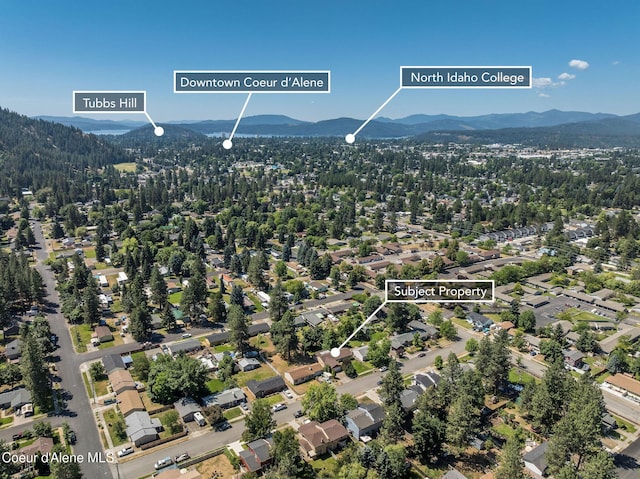 1814 E Jenny Lynn Ln, Coeur Dalene, ID 83815 - aerial overview of property's location with a mountain backdrop and nearby suburban area