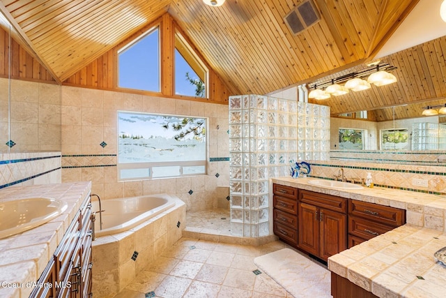 1750 W Valhalla Rd, Coeur Dalene, ID 83814 - full bath featuring two vanities, a bath, wooden ceiling, a walk in shower, and high vaulted ceiling