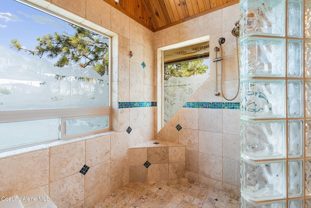 1750 W Valhalla Rd, Coeur Dalene, ID 83814 - full bathroom with wood ceiling, tiled shower, and plenty of natural light