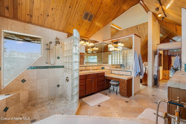 1750 W Valhalla Rd, Coeur Dalene, ID 83814 - full bath with vaulted ceiling, wooden ceiling, vanity, a walk in shower, and wooden walls