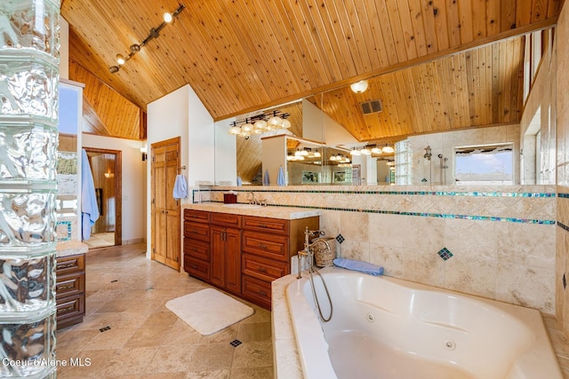 1750 W Valhalla Rd, Coeur Dalene, ID 83814 - full bathroom featuring high vaulted ceiling, vanity, a tub with jets, wooden ceiling, and tile patterned flooring