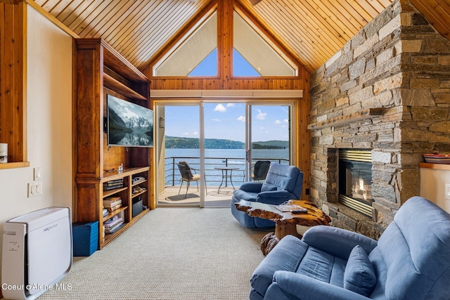 1750 W Valhalla Rd, Coeur Dalene, ID 83814 - living area with wood ceiling, a stone fireplace, carpet flooring, high vaulted ceiling, and wood walls