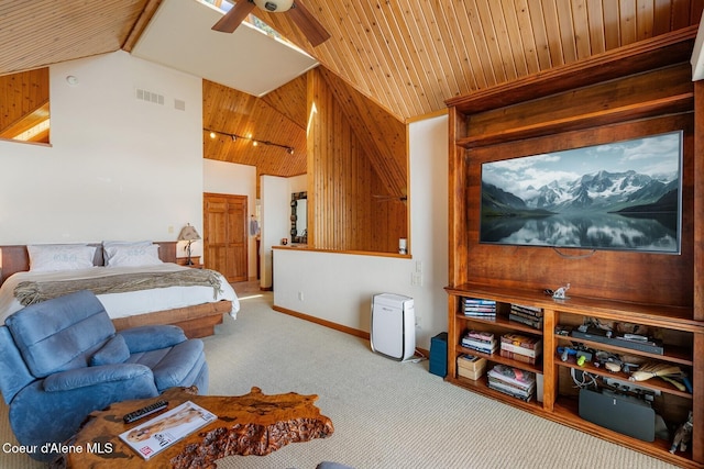 1750 W Valhalla Rd, Coeur Dalene, ID 83814 - carpeted bedroom featuring wood ceiling, high vaulted ceiling, and wooden walls
