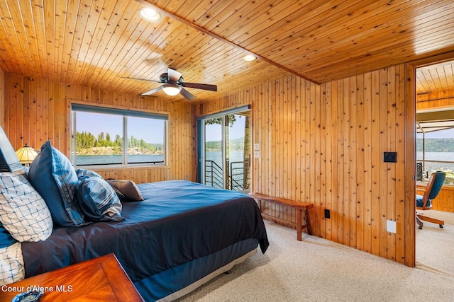 1750 W Valhalla Rd, Coeur Dalene, ID 83814 - carpeted bedroom with wood ceiling, access to outside, wooden walls, and recessed lighting