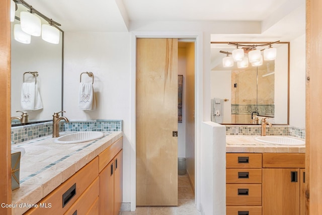 1750 W Valhalla Rd, Coeur Dalene, ID 83814 - bathroom with backsplash, vanity, a stall shower, and tile patterned floors