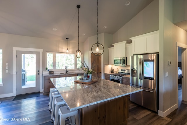 23426 N Massif Rd, Rathdrum, ID 83858 - kitchen with stainless steel appliances, dark wood-type flooring, high vaulted ceiling, light stone counters, and a kitchen island