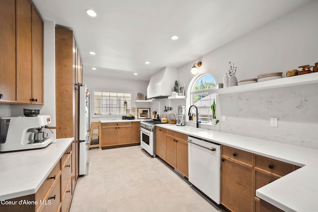 114 E Foster Ave, Coeur Dalene, ID 83814 - kitchen featuring white appliances, custom exhaust hood, open shelves, light countertops, and recessed lighting