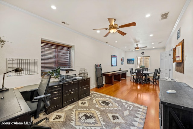 5570 E Shoreline Dr, Post Falls, ID 83854 - office area with light wood-type flooring, a ceiling fan, crown molding, recessed lighting, and billiards