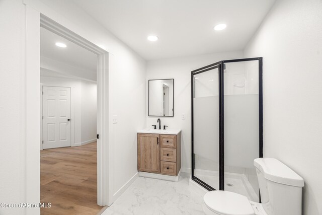 28729 Ramsey Rd, Athol, ID 83801 - full bath featuring vanity, a stall shower, recessed lighting, and marble finish floors