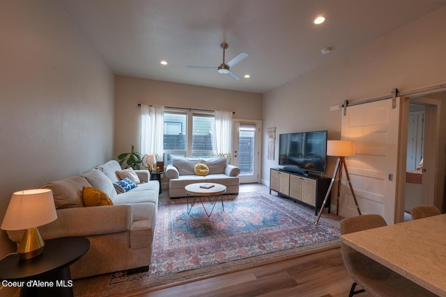 3304 N Rosalia Rd, Coeur Dalene, ID 83814 - living area featuring ceiling fan, wood finished floors, a barn door, and recessed lighting