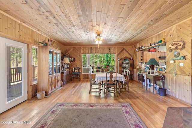 784 Twin Rivers Rd, Athol, ID 83801 - dining space featuring wooden walls, wood ceiling, and hardwood / wood-style flooring