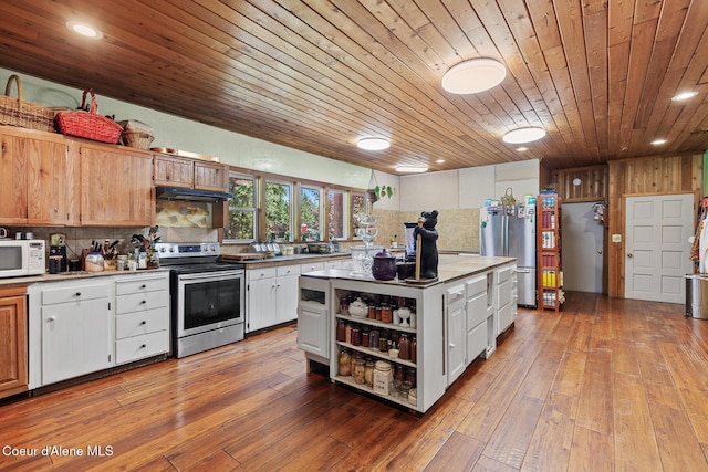 784 Twin Rivers Rd, Athol, ID 83801 - kitchen with stainless steel appliances, decorative backsplash, wooden ceiling, under cabinet range hood, and a kitchen island