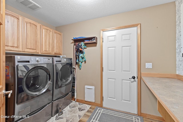 2042 W Heavenly Star Ct, Post Falls, ID 83854 - laundry area with cabinet space, washer and dryer, light wood-style flooring, and a textured ceiling