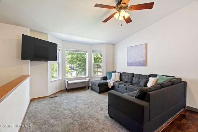 7386 W Sunrise Ct, Rathdrum, ID 83858 - carpeted living room featuring vaulted ceiling and ceiling fan