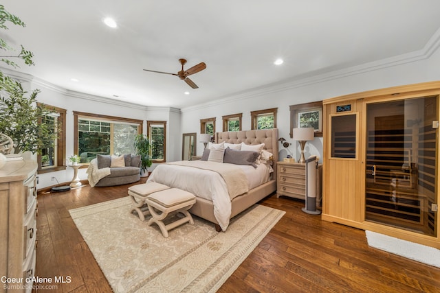 12500 N Partridge Way, Hayden, ID 83835 - bedroom with dark wood finished floors, recessed lighting, crown molding, a sauna, and ceiling fan