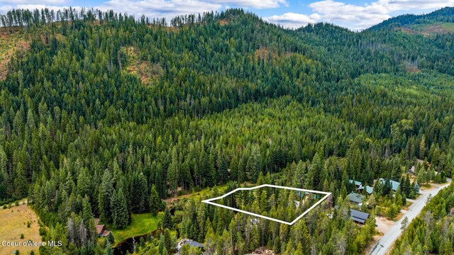215 Gordon Dr, Priest Lake, ID 83856 - aerial view of property and surrounding area featuring property parcel outlined and a mountain backdrop