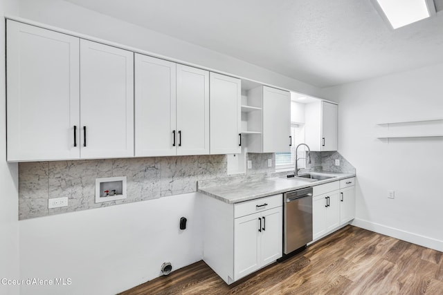 4204 N Jefferson St, Spokane, WA 99205 - kitchen with open shelves, stainless steel dishwasher, light countertops, backsplash, and dark wood finished floors
