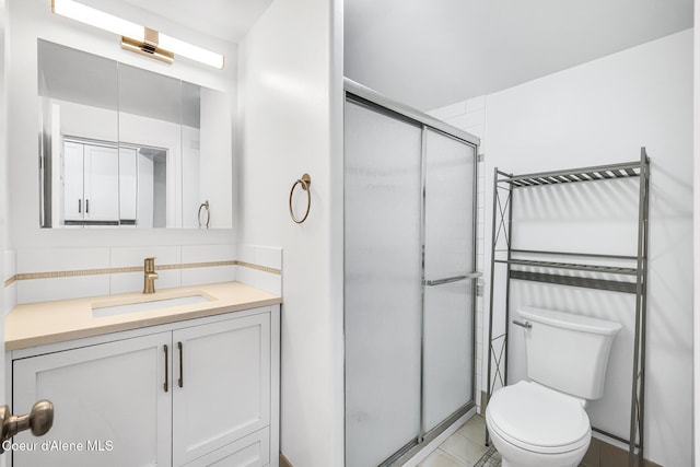 4204 N Jefferson St, Spokane, WA 99205 - bathroom featuring a stall shower, vanity, decorative backsplash, and tile patterned floors