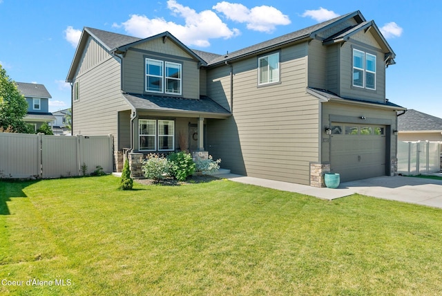 4483 N Connery Loop, Post Falls, ID 83854 - craftsman-style home with a garage, concrete driveway, stone siding, a porch, and a gate