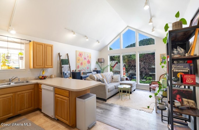 2015 N 13th St, Coeur Dalene, ID 83814 - kitchen featuring rail lighting, white dishwasher, lofted ceiling, a peninsula, and light countertops