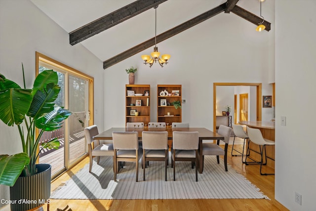 23388 N Teddy Loop, Rathdrum, ID 83858 - dining area featuring a chandelier, beamed ceiling, high vaulted ceiling, and wood finished floors
