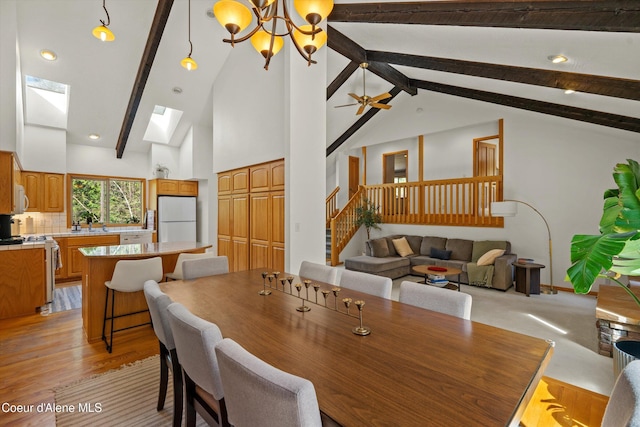 23388 N Teddy Loop, Rathdrum, ID 83858 - dining room featuring stairway, beamed ceiling, a skylight, recessed lighting, and high vaulted ceiling