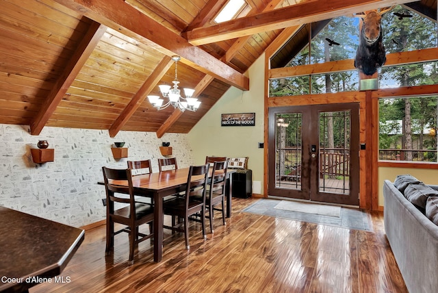 30553 N Stampede Rd, Athol, ID 83801 - dining space with wooden ceiling, a chandelier, hardwood / wood-style flooring, and french doors