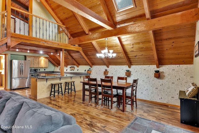 30553 N Stampede Rd, Athol, ID 83801 - dining area featuring wood ceiling, a chandelier, light wood-style floors, and a skylight