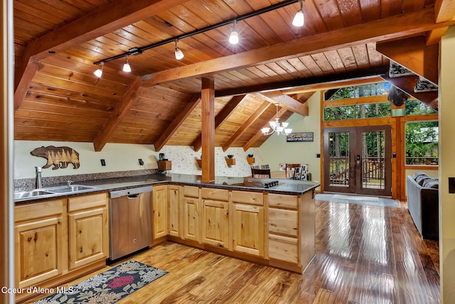 30553 N Stampede Rd, Athol, ID 83801 - kitchen featuring stainless steel dishwasher, track lighting, wooden ceiling, french doors, and light wood-type flooring