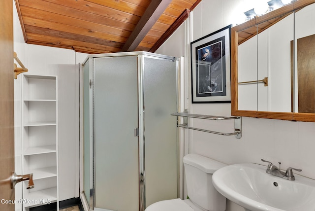 30553 N Stampede Rd, Athol, ID 83801 - full bathroom featuring a stall shower and a wooden ceiling with exposed beams