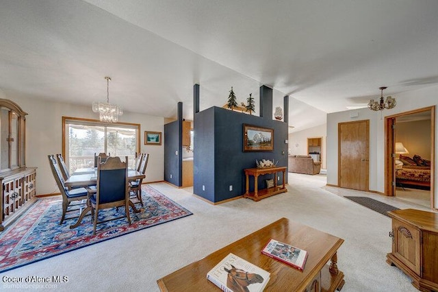 9218 W Rockford Bay Rd, Coeur Dalene, ID 83814 - dining room with a chandelier, light colored carpet, and vaulted ceiling