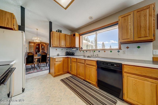 9218 W Rockford Bay Rd, Coeur Dalene, ID 83814 - kitchen featuring black dishwasher, a chandelier, backsplash, lofted ceiling, and range