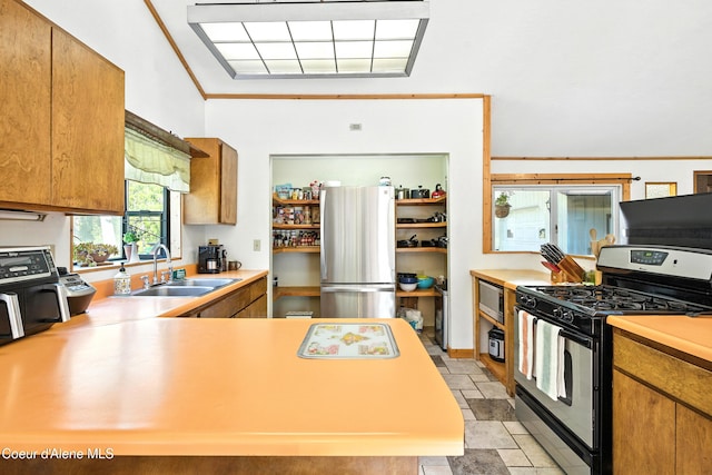 1655 Gun Club Rd, Sagle, ID 83860 - kitchen with appliances with stainless steel finishes, light countertops, brown cabinets, and ornamental molding
