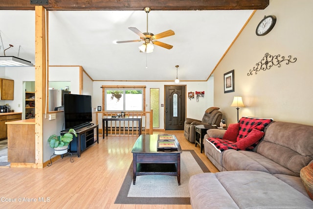 1655 Gun Club Rd, Sagle, ID 83860 - living area with vaulted ceiling, light wood-style floors, a ceiling fan, and ornamental molding