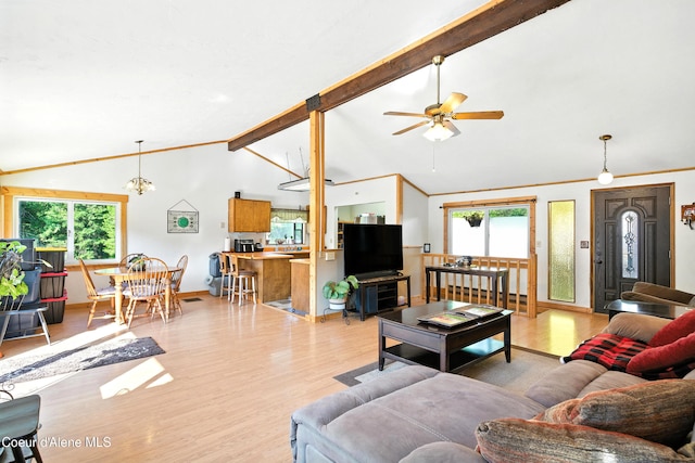 1655 Gun Club Rd, Sagle, ID 83860 - living area featuring light wood-style flooring, a ceiling fan, and a chandelier