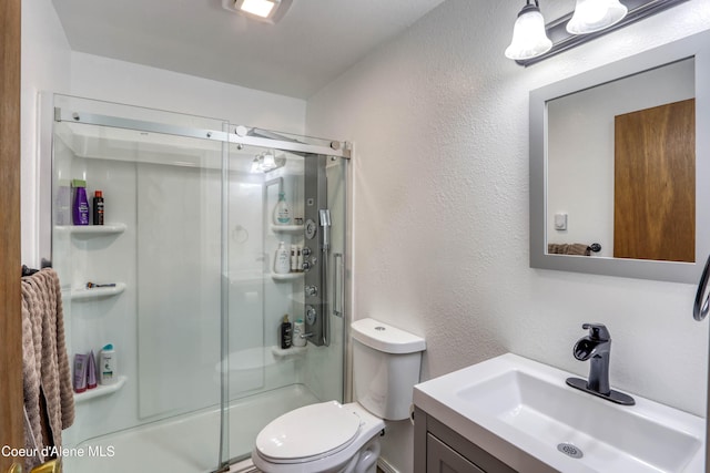 517 N Stephen St, Clark Fork, ID 83811 - full bathroom featuring vanity, a stall shower, and a textured wall