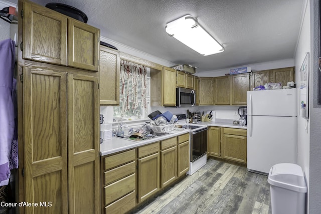 517 N Stephen St, Clark Fork, ID 83811 - kitchen with white appliances, wood finished floors, light countertops, a textured ceiling, and crown molding