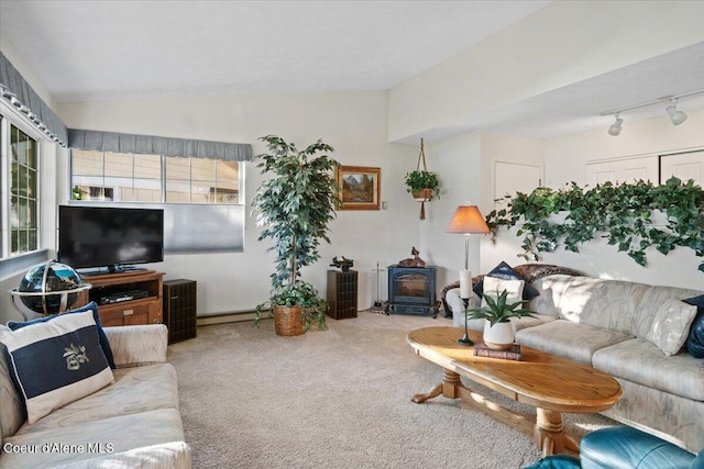 4922 W Village Blvd # 5, Rathdrum, ID 83858 - carpeted living room featuring a wood stove, rail lighting, and vaulted ceiling