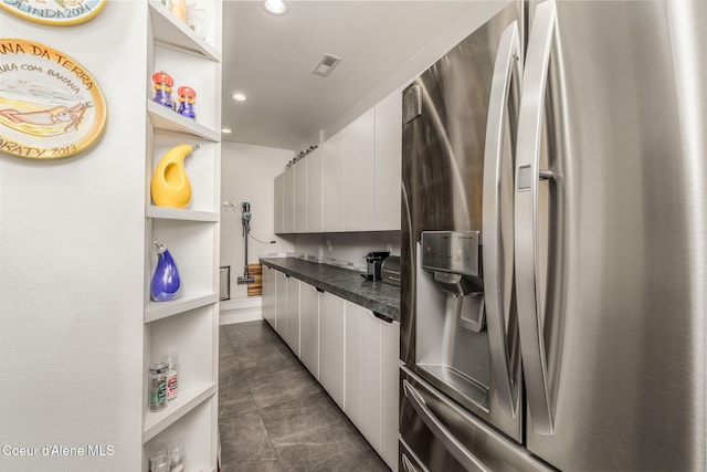 1758 W Bellerive Ln, Coeur Dalene, ID 83814 - kitchen featuring stainless steel fridge, open shelves, modern cabinets, recessed lighting, and dark countertops