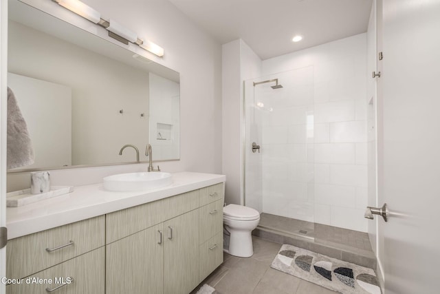 1758 W Bellerive Ln, Coeur Dalene, ID 83814 - full bathroom with vanity, a tile shower, tile patterned flooring, and recessed lighting