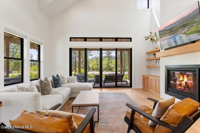 428 W Beach Ct, Dover, ID 83825 - living room with high vaulted ceiling, wood finished floors, a glass covered fireplace, and plenty of natural light