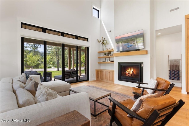 428 W Beach Ct, Dover, ID 83825 - living area featuring a towering ceiling, wood finished floors, and a glass covered fireplace