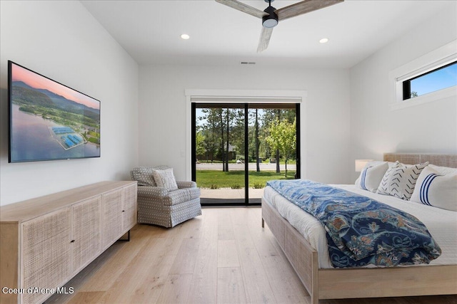428 W Beach Ct, Dover, ID 83825 - bedroom with access to exterior, light wood-style floors, recessed lighting, and ceiling fan