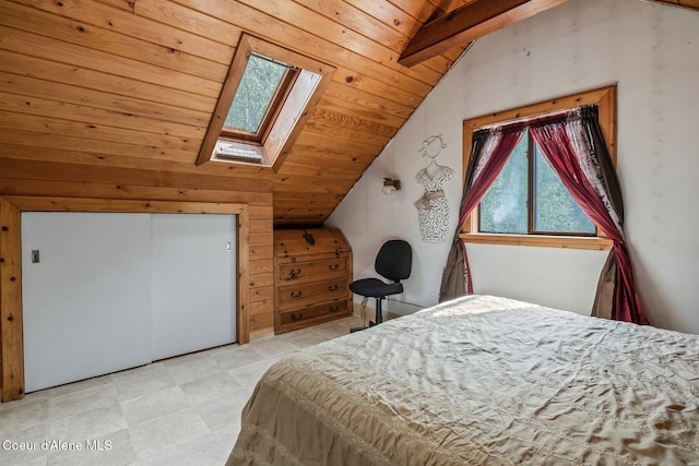 854 Two Tail Rd, Bonners Ferry, ID 83805 - bedroom with wood ceiling, a skylight, and wood walls