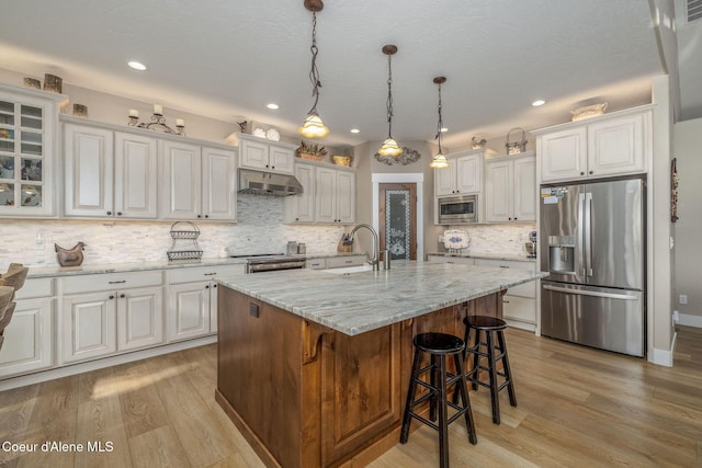 16749 W Cade Rd, Hauser, ID 83854 - kitchen with appliances with stainless steel finishes, under cabinet range hood, light wood-style flooring, white cabinets, and recessed lighting