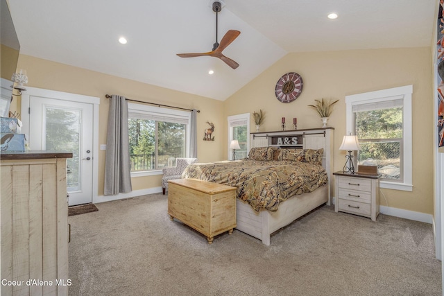 16749 W Cade Rd, Hauser, ID 83854 - bedroom featuring carpet floors, lofted ceiling, recessed lighting, ceiling fan, and access to exterior