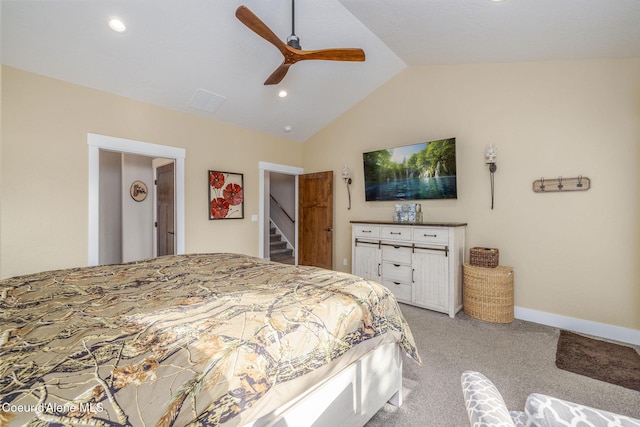 16749 W Cade Rd, Hauser, ID 83854 - bedroom featuring lofted ceiling, light carpet, recessed lighting, and ceiling fan